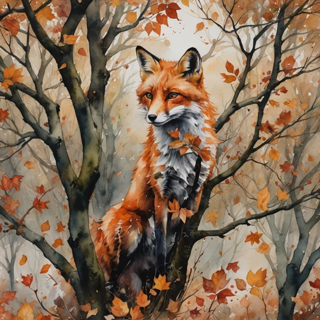 Fox in Orchard: Autumnal Watercolour Painting