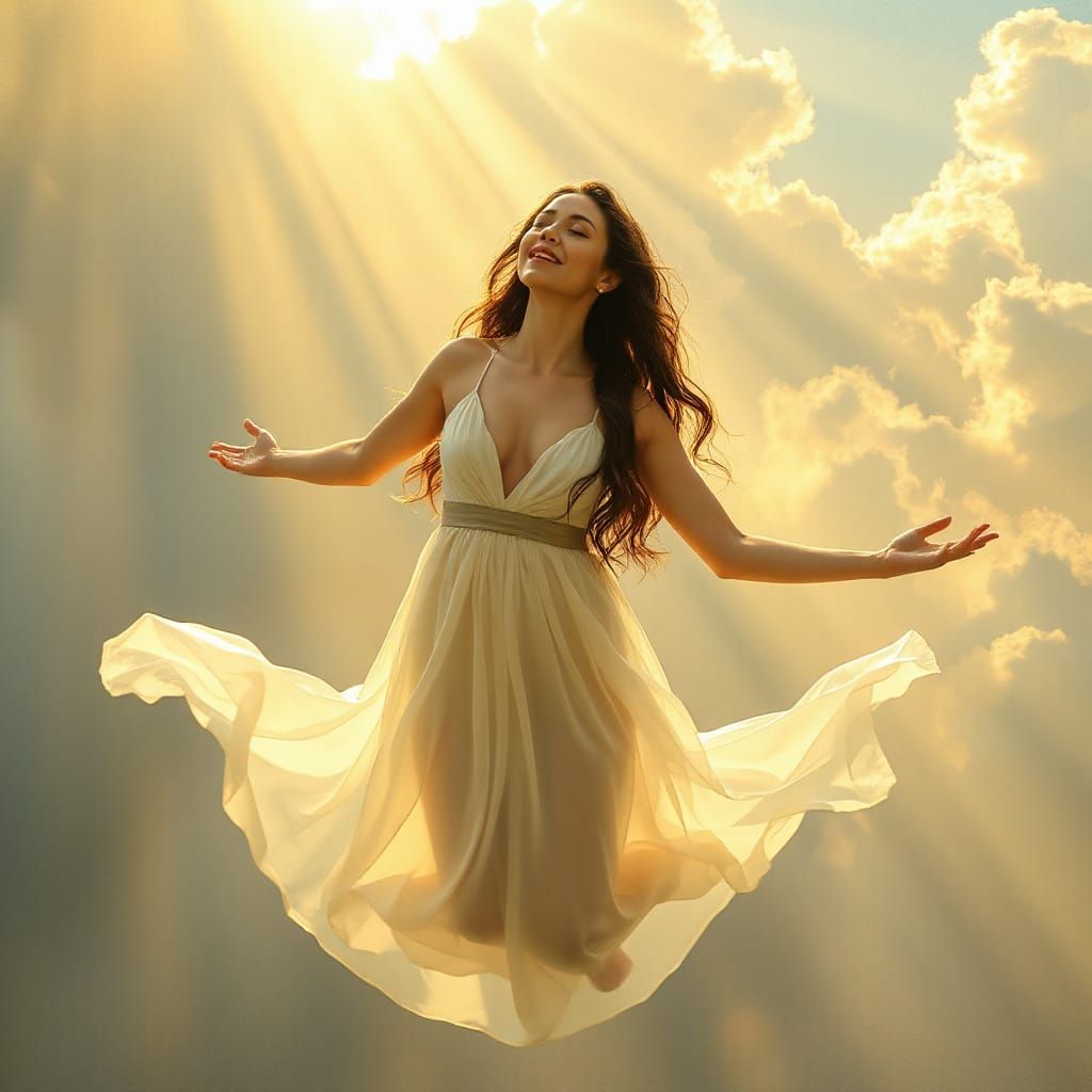 Ethereal Woman Floating Gracefully in Sunlight