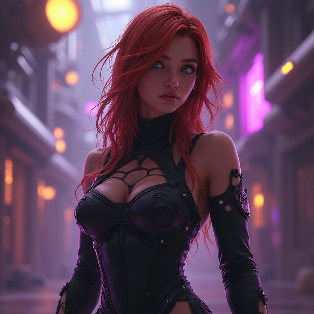 Tomboyish Woman in Bodysuit with Spaceship Backdrop