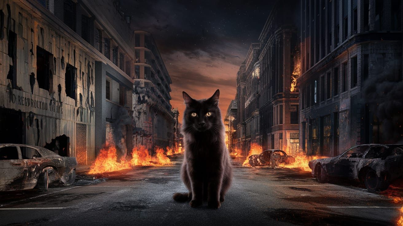 Epic Post-Apocalyptic Night Scene with a Majestic Black Cat