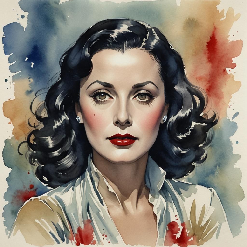 Elegant Watercolor Portrait with Retro Glamour