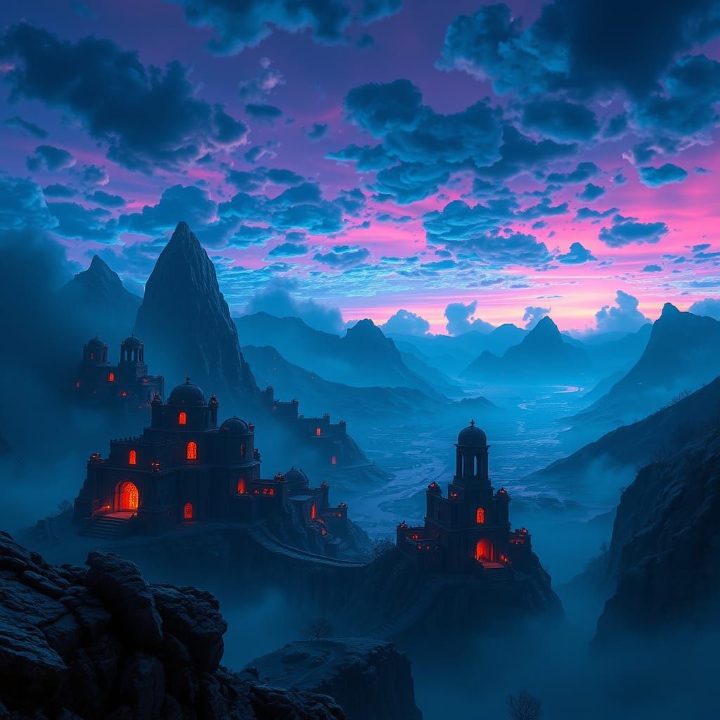 Ethereal Ruins Emerge from Misty Mountains in a Dreamlike La...