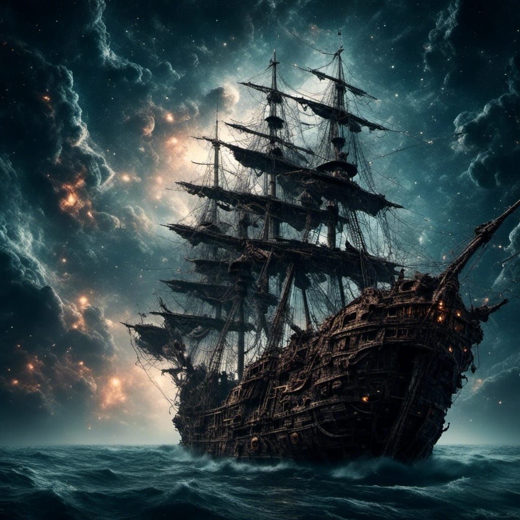 Ghostly Pirate Ship Navigating Space in Dark Fantasy Style