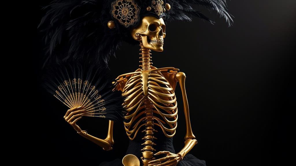 Opulent Showgirl Skeleton in Baroque Style