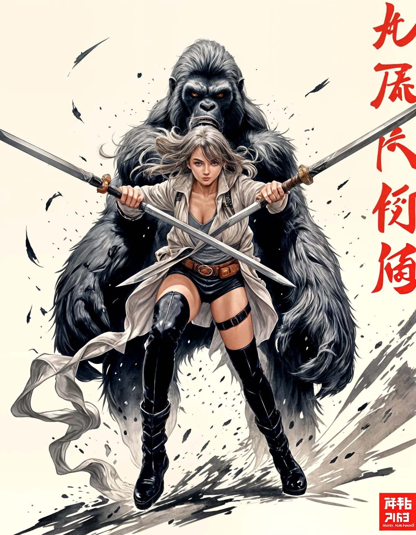 Sumi-e Anime Warrior in Fierce Battle