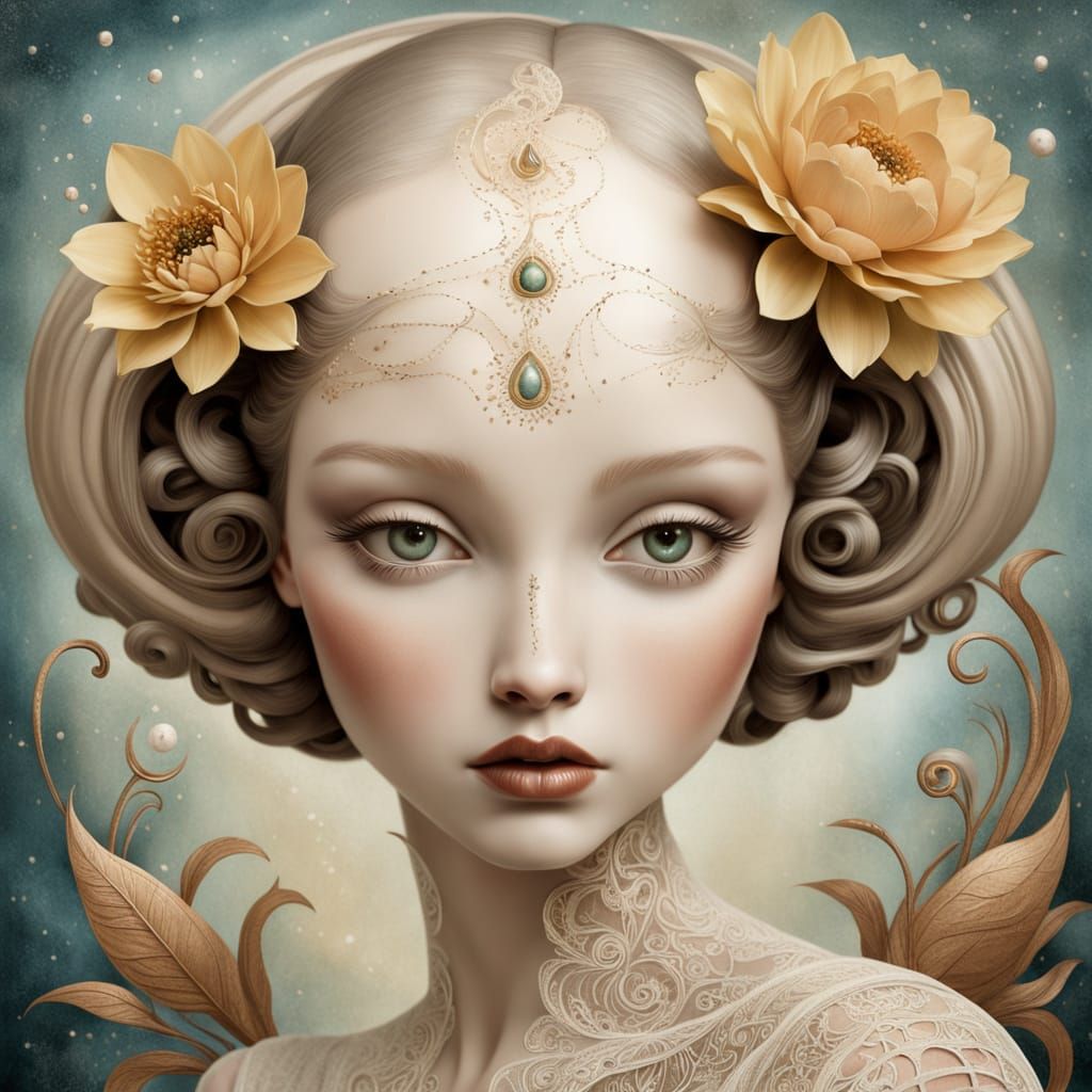 Ethereal Art Deco Portrait with Whimsical Details