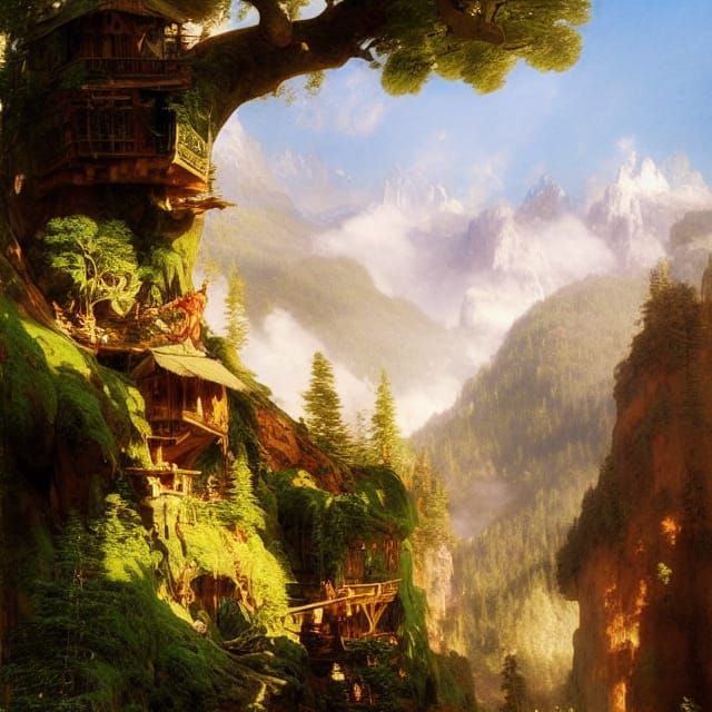 Conifer Forest Treehouse in Mountain Valley Painting