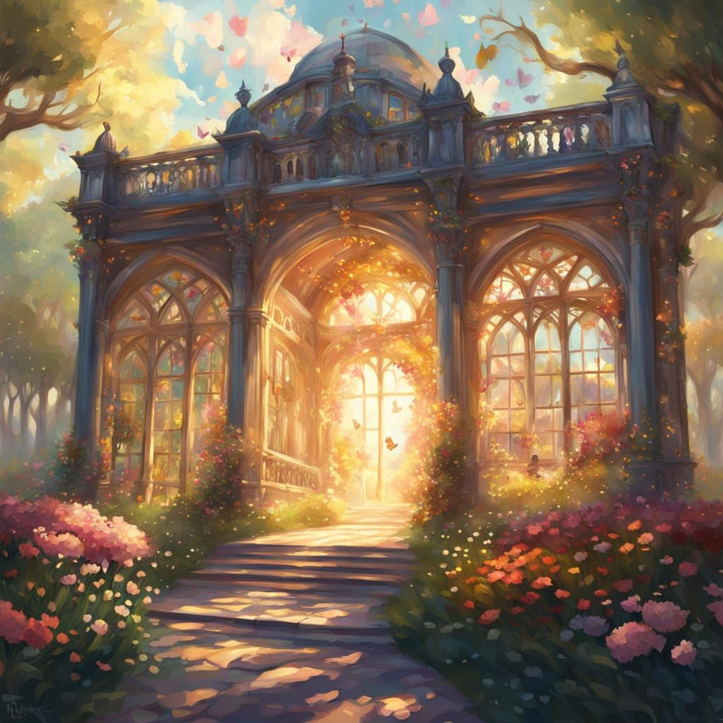 Grand Library in a Whimsical Garden Painting