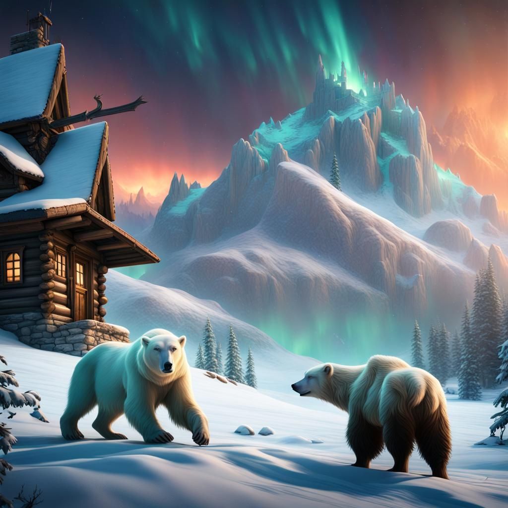 Armored Polar Bear and Aurora Borealis Landscape