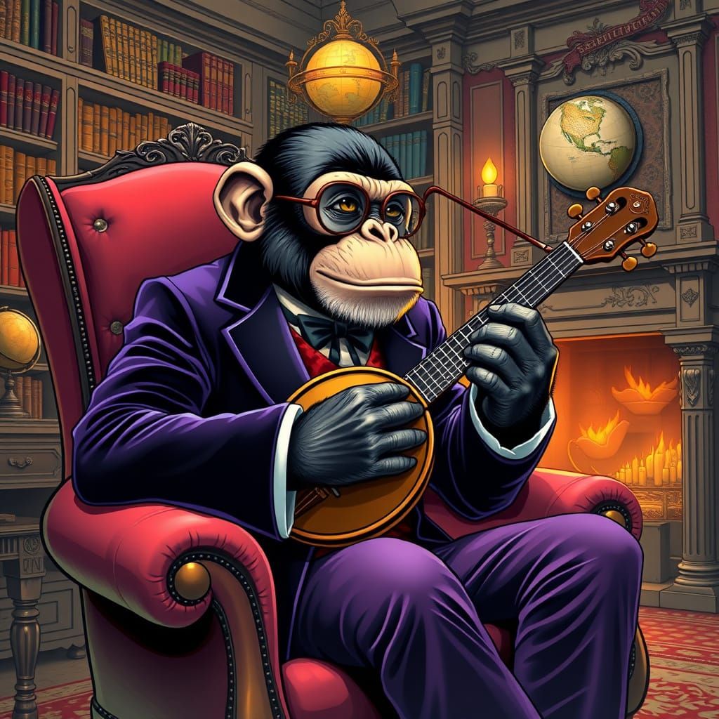 Chimpanzee Gentleman Playing Banjo: Comic Book Art