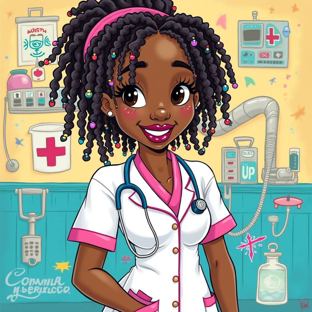 Vibrant Cartoon Nurse with Colorful Locs