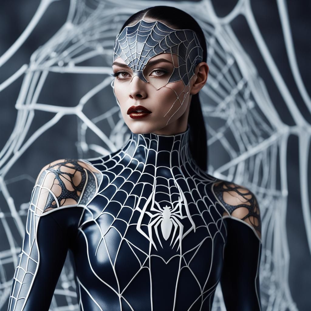 Futuristic Kintsugi Spider Woman in Creepy Magazine Style