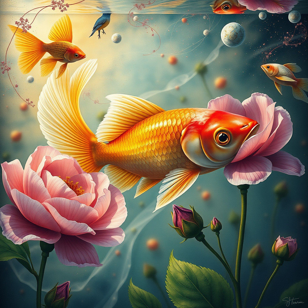 Surreal Fish in Blanket with Peonies, Hyperrealism
