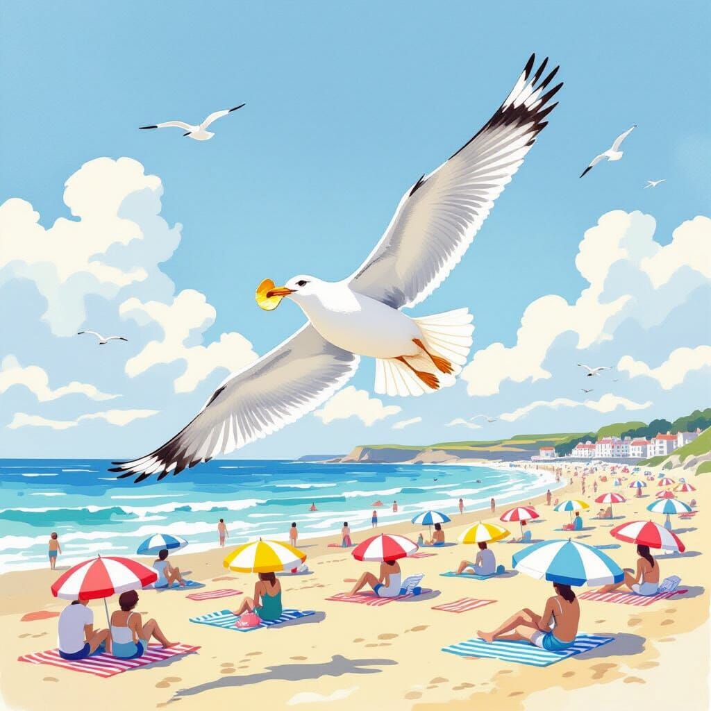 Seagull Stealing Chip Over Crowded Beach, Watercolor Style