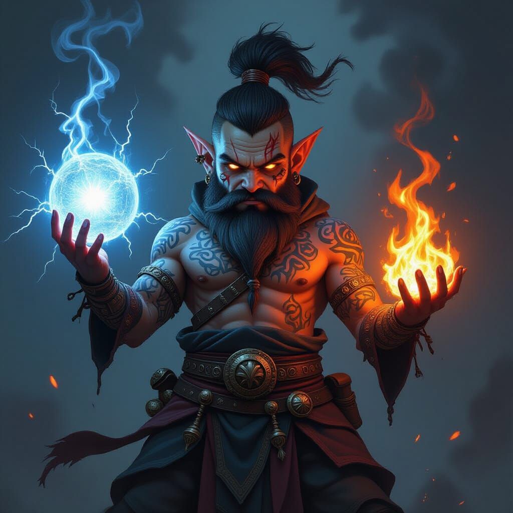 Dwarf Demon Sorcerer Wielding Fire and Lightning