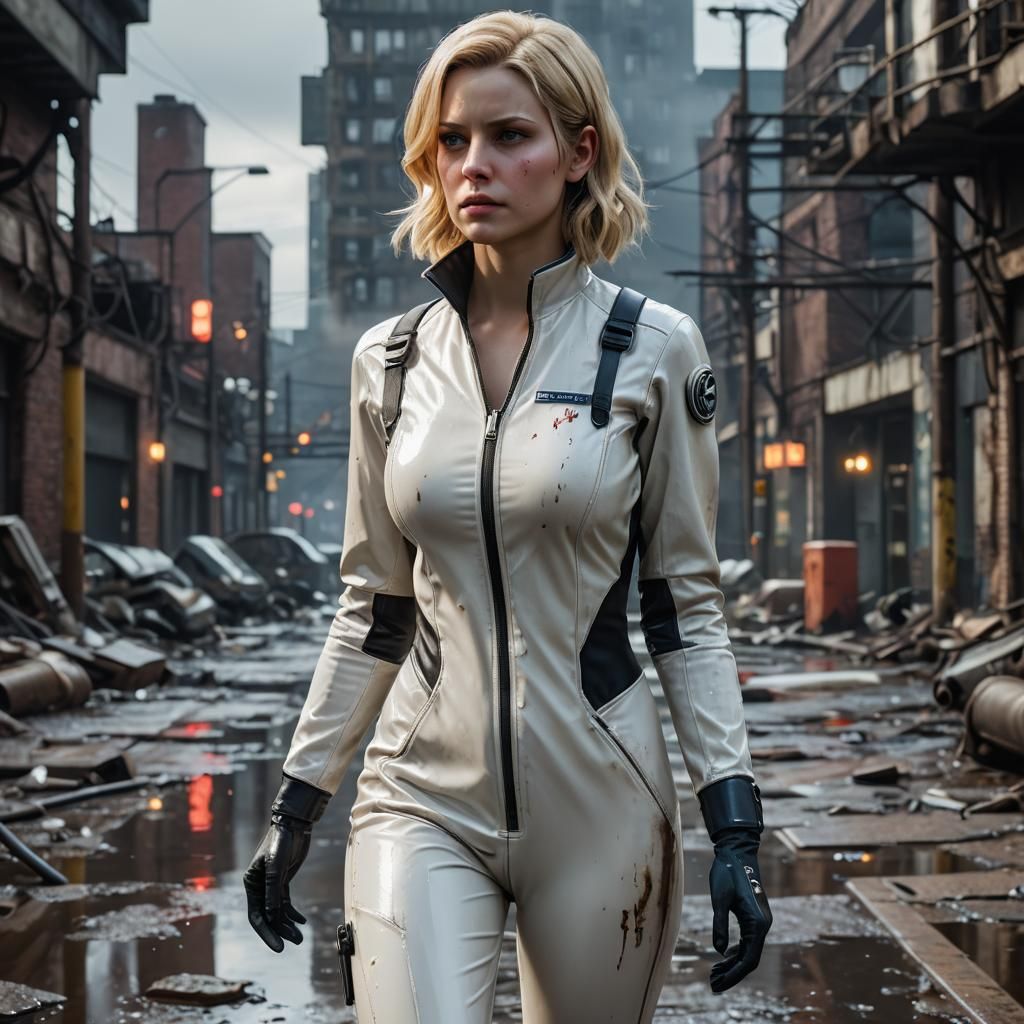 Blonde Woman in Latex Jumpsuit in Rainy Cityscape