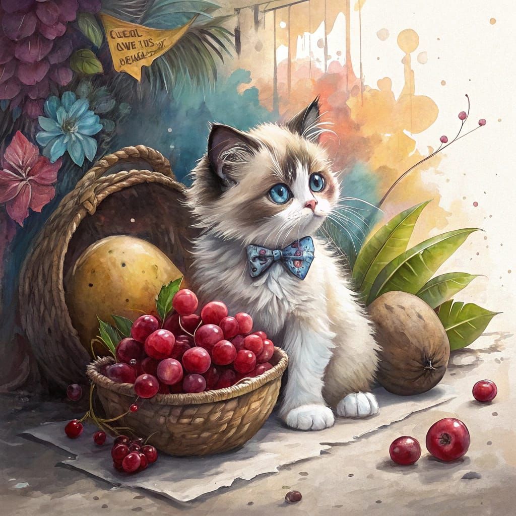 Vibrant Ragdoll Kitten amidst Tropical Fruits in Dazzling Gr...