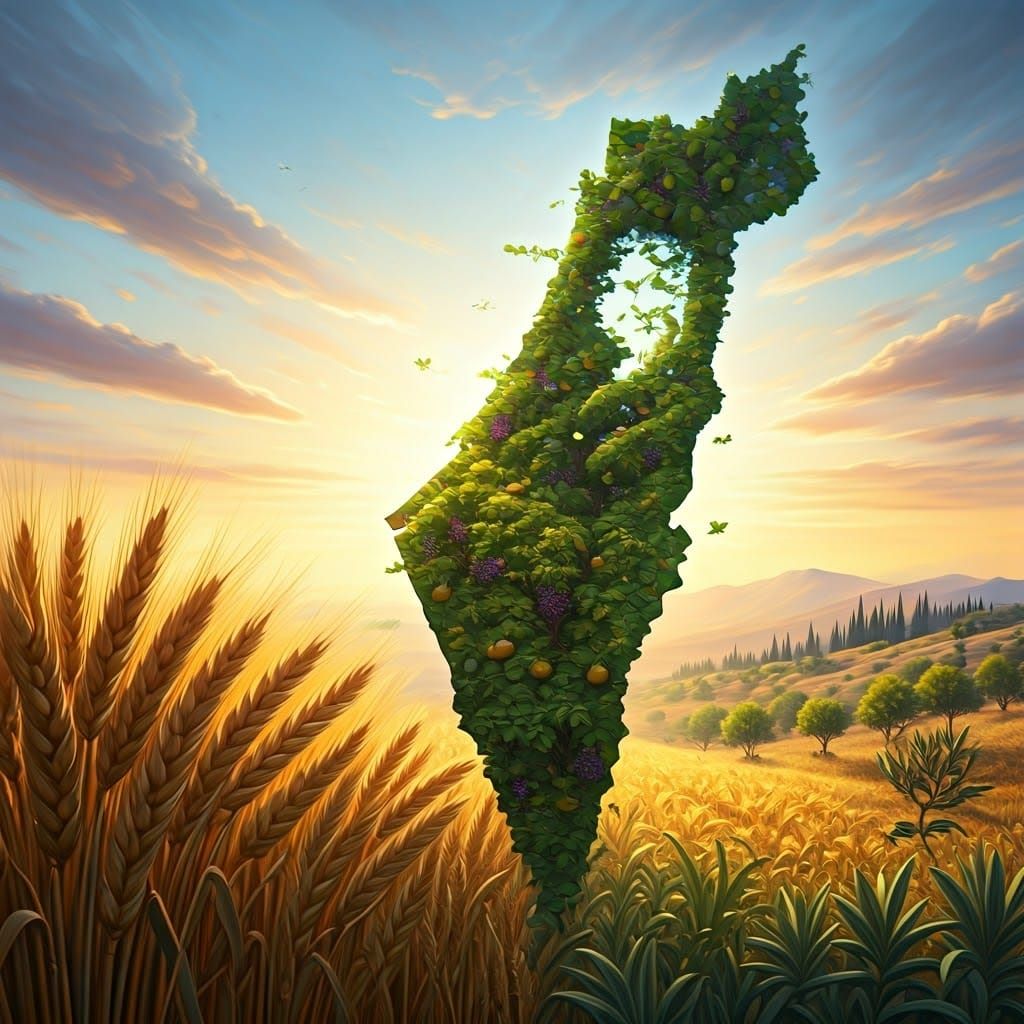 Lush Harvest on Map of Israel in Hyperrealism Style