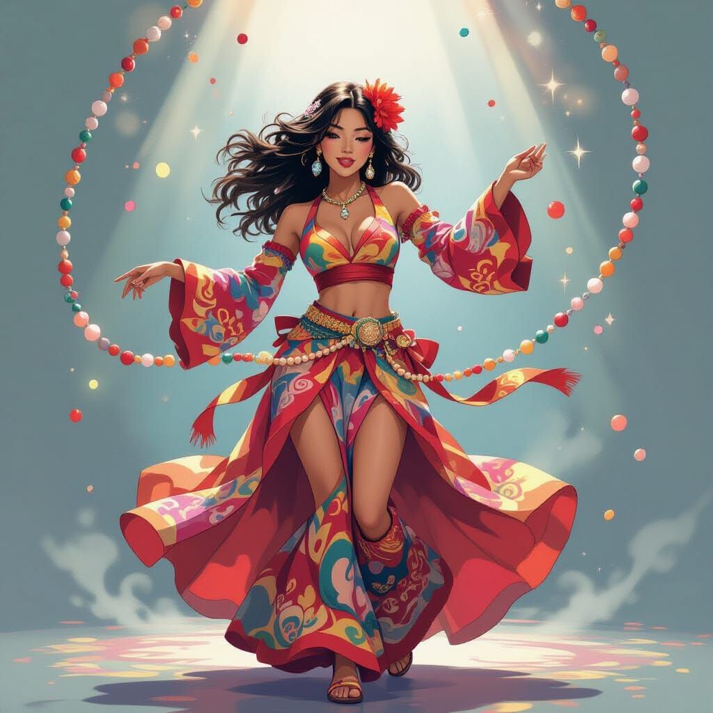 Vibrant Woman Dancing Amidst Swirling Beads in Pop Surrealis...