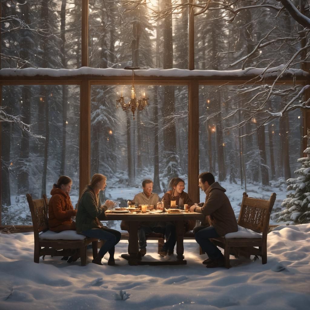 Cozy Christmas Dinner in Snowy Forest, Digital Painting