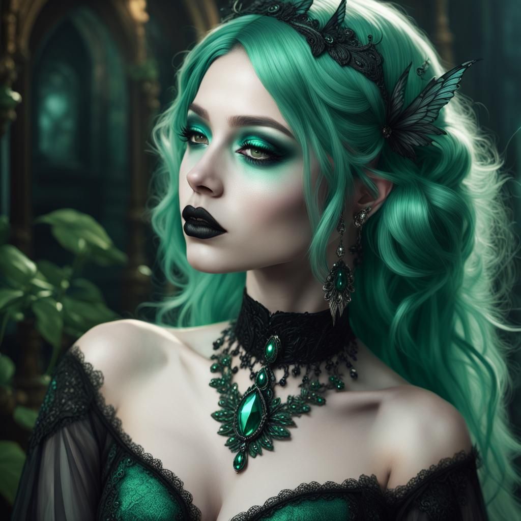 Dreamy beautiful green fairy with green hair& green eyes& te...