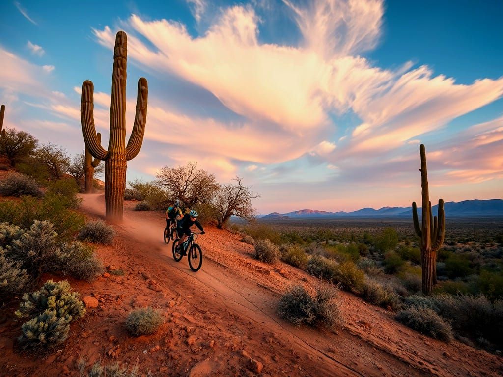 Mountain Bikers Descend Arizona Desert Slope at Sunrise