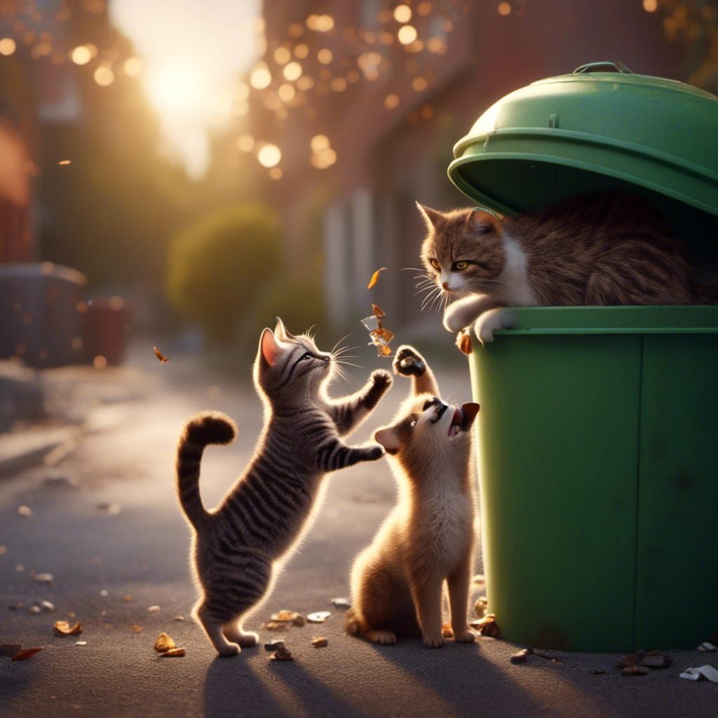 Cat and Dog Team Up Against Raccoon Over Trash