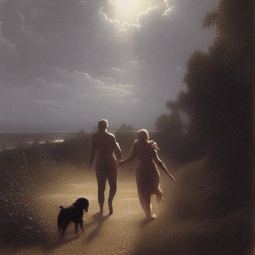 Distant Figures and Dog in Gothic Horror Style
