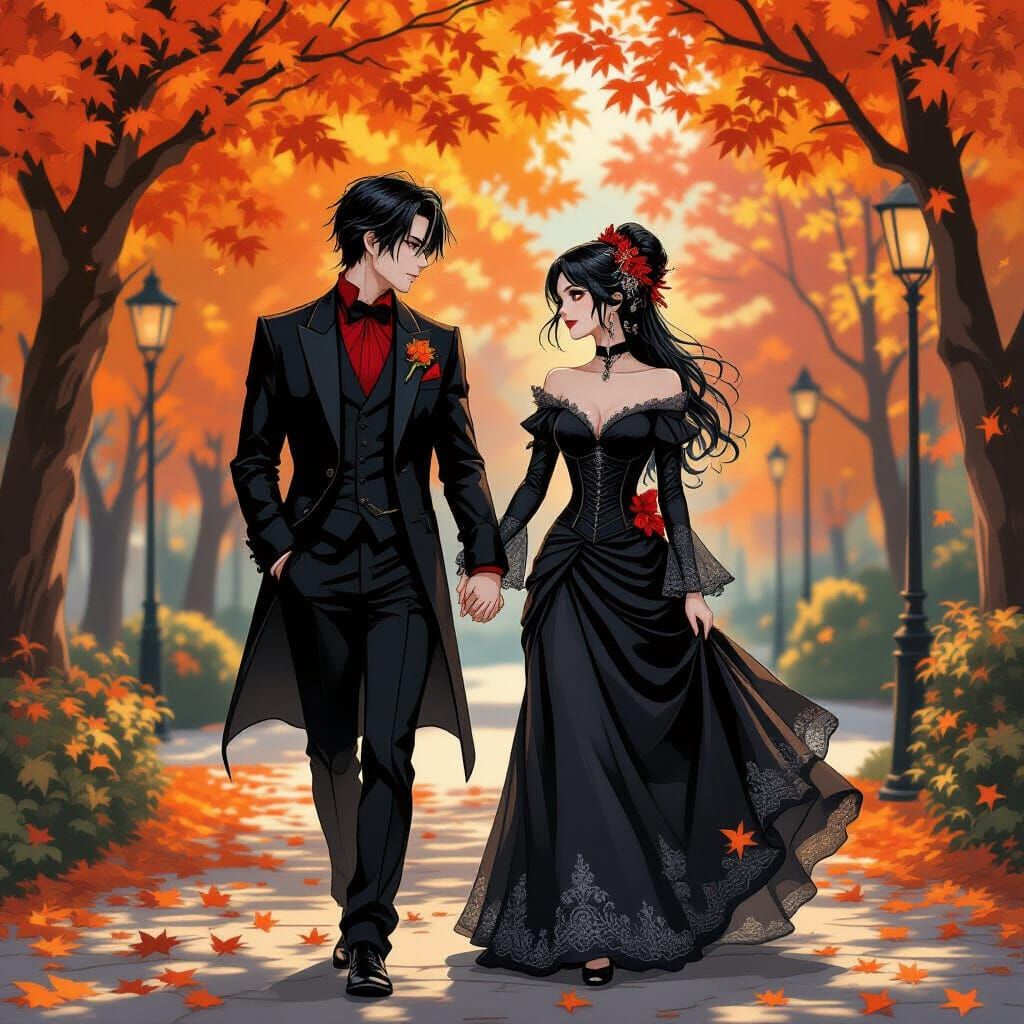 Gothic Japanese Couple on Autumn Date, Comic Book Art