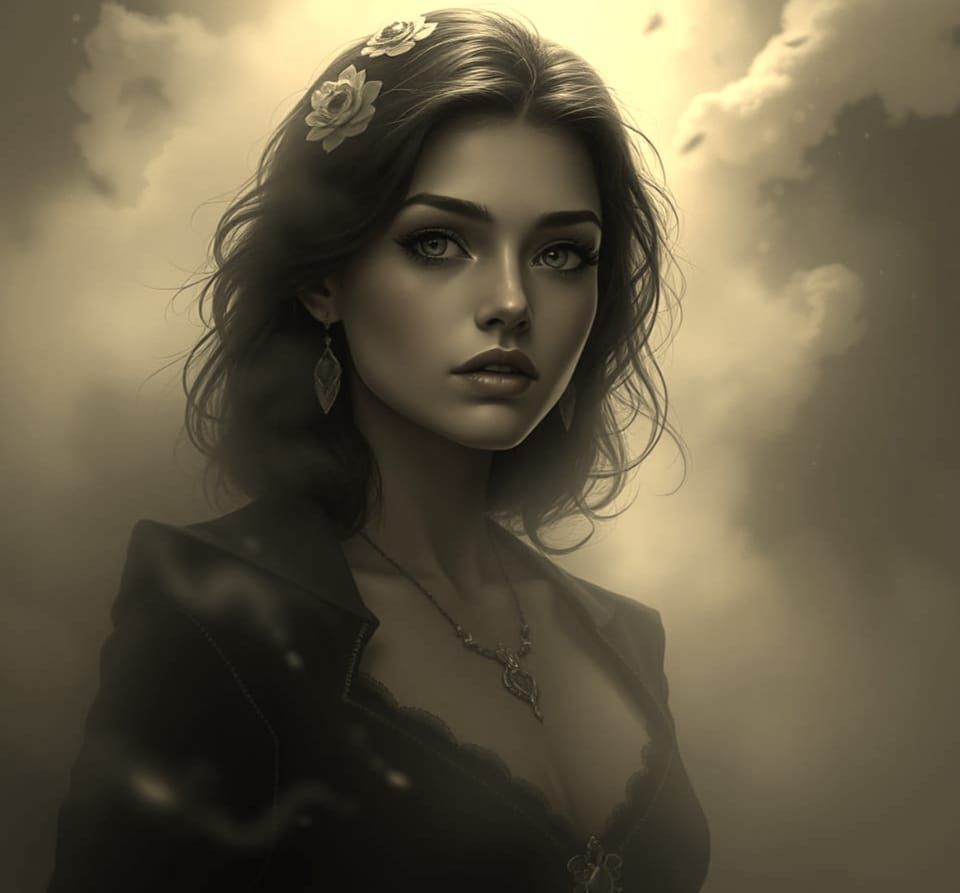 Mysterious Woman in Fog, Art Deco Futuristic Blend