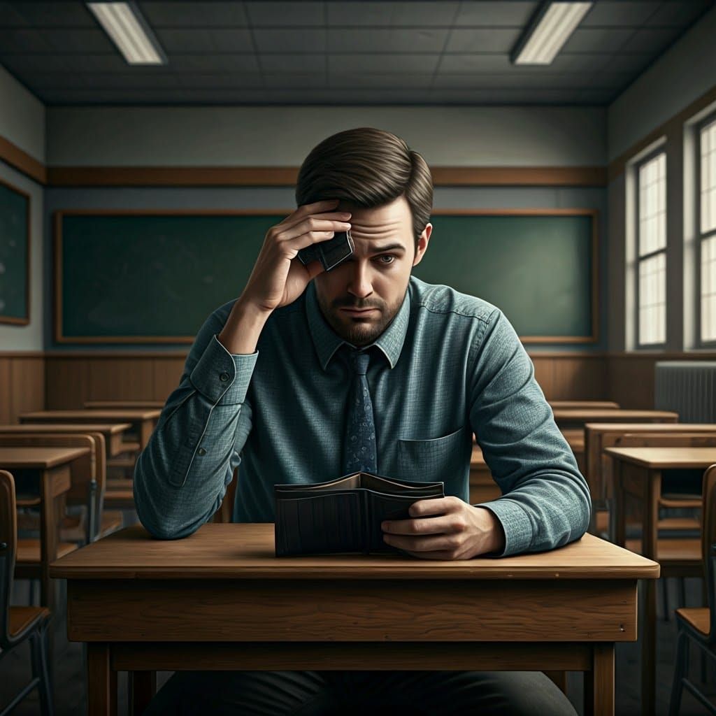 Disheartened Educator in a Deserted Classroom
