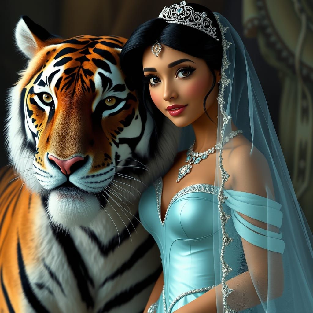 Jasmine in Wedding Dress with Tiger, Pre-Raphaelite Style