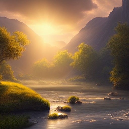 Picturesque Landscape with River in Digital Painting Style