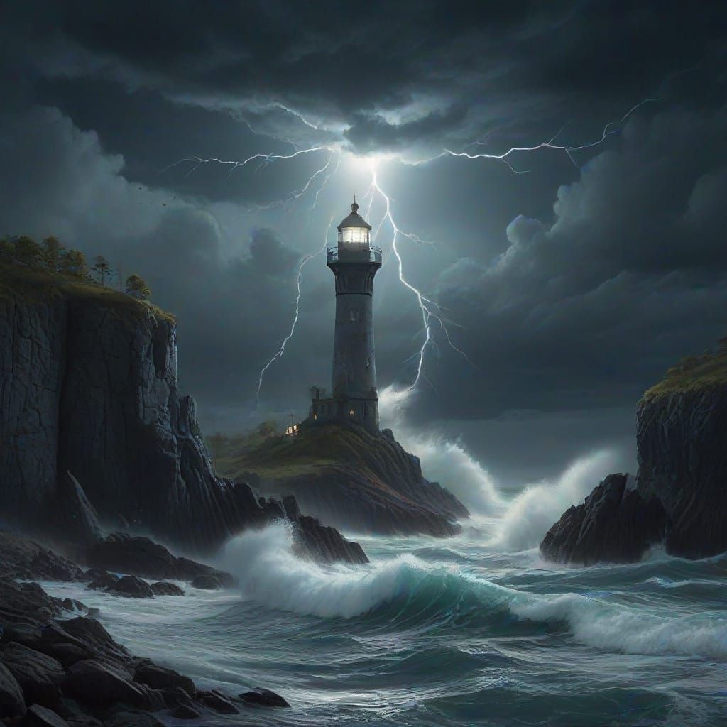Epic Lighthouse Fortress Battles Sea Monster in Storm