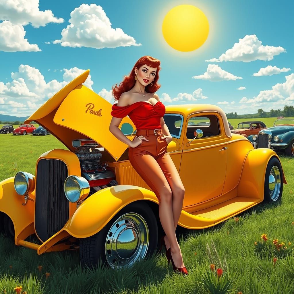Red-Haired Pinup Girl with Hot Rod in Candy Art Style