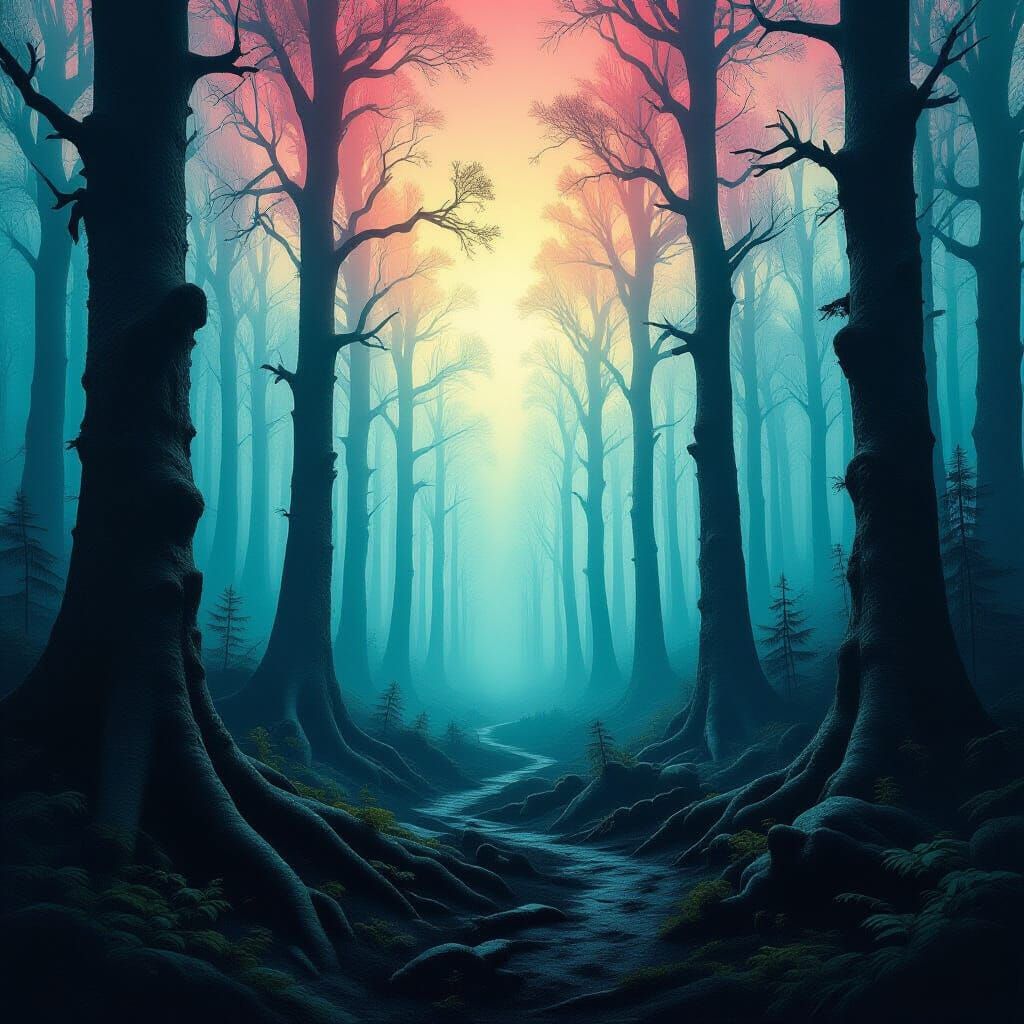Hypnotic Nocturnal Forest in Surrealist Charcoal Style