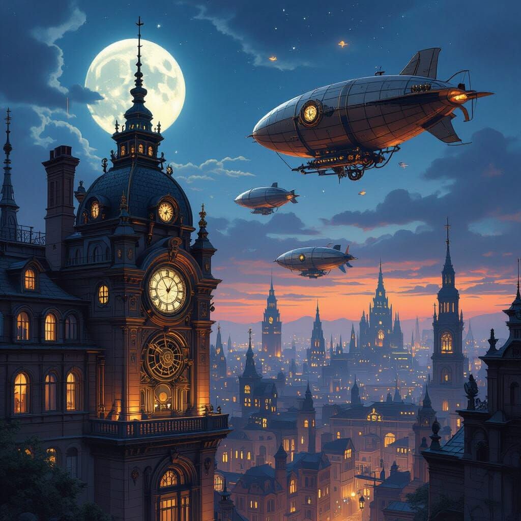 Steampunk Cityscape with Airships Under Moonlit Sky
