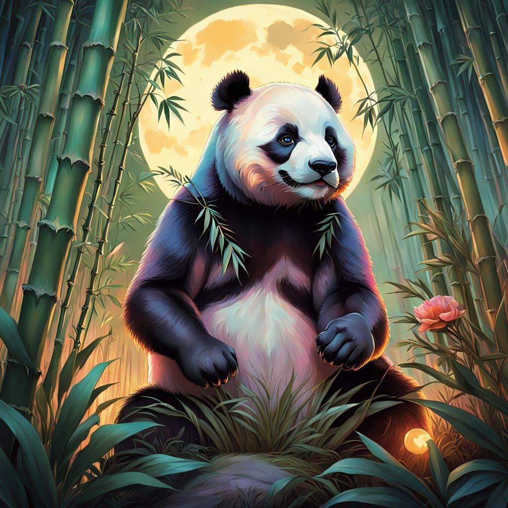 Whimsical Panda Under Iridescent Moonlight