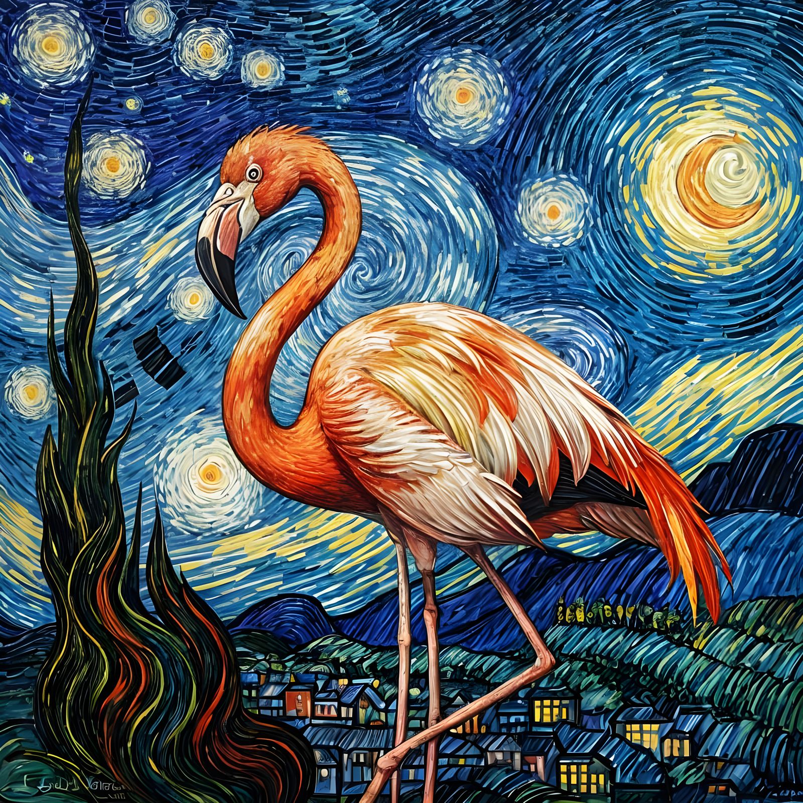 Vibrant Flamingo Under Starry Night Sky in Van Gogh Style