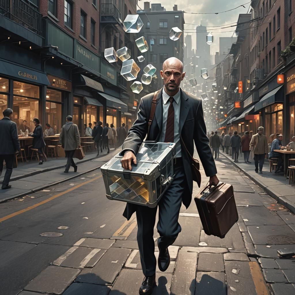 Glass Head Man Rushing to Work: Surreal Dreamscape