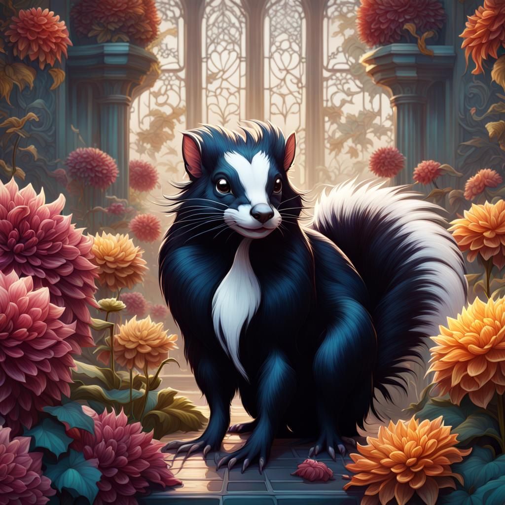 Skunk Surrounded by Dahlias in Art Nouveau Style