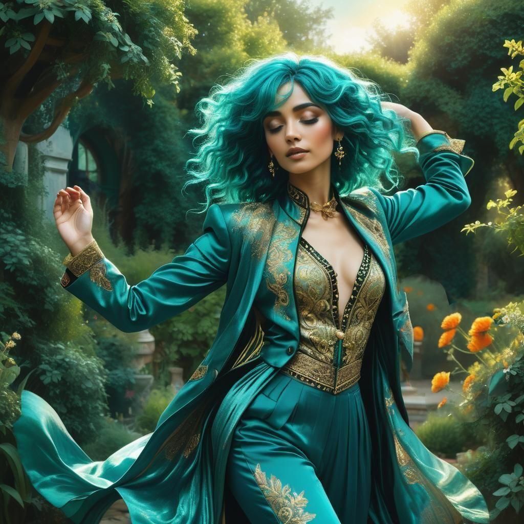 Regency Dancer with Turquoise Hair, Detailed Matte Painting