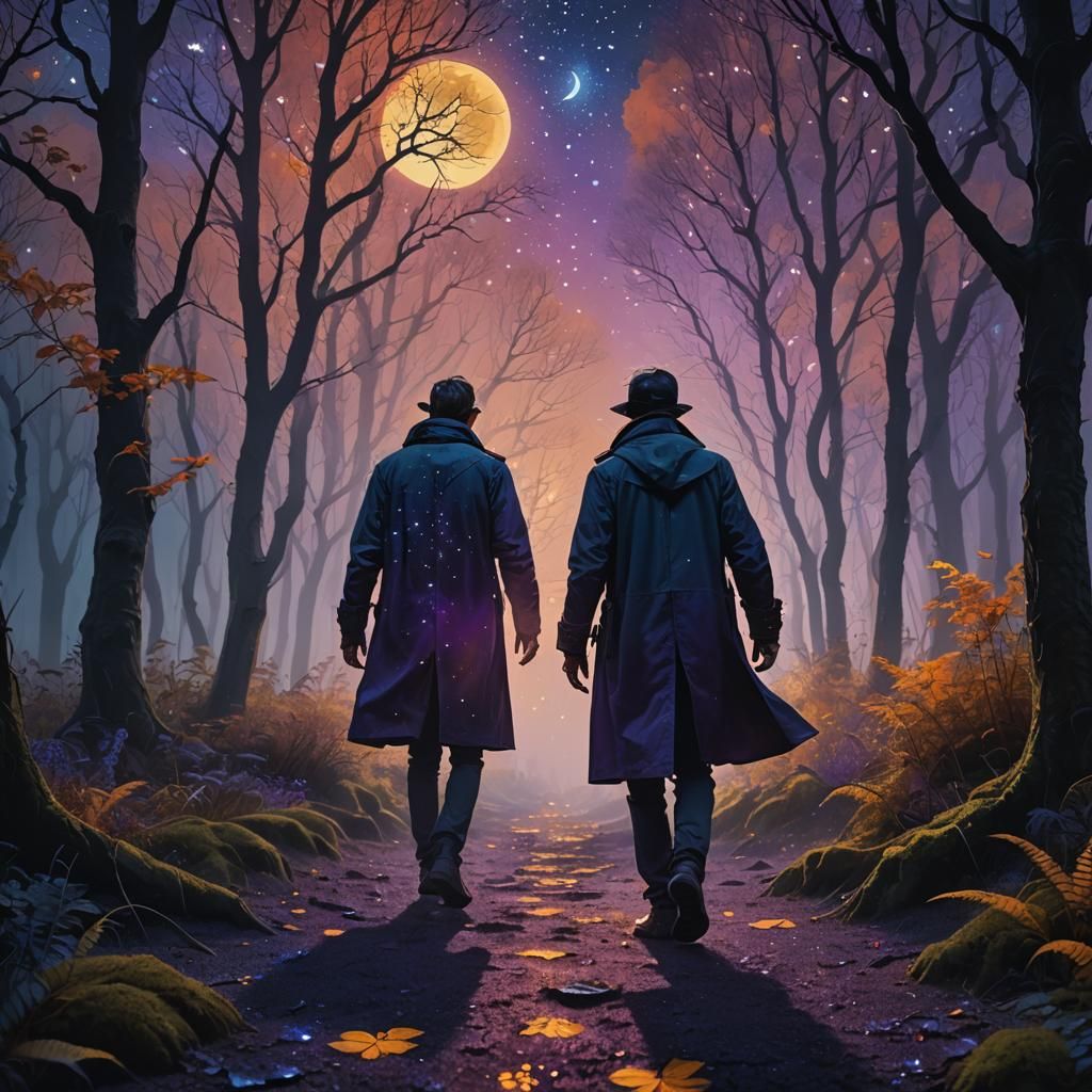 Man Walks Through Starry Forest in Matte Painting Style