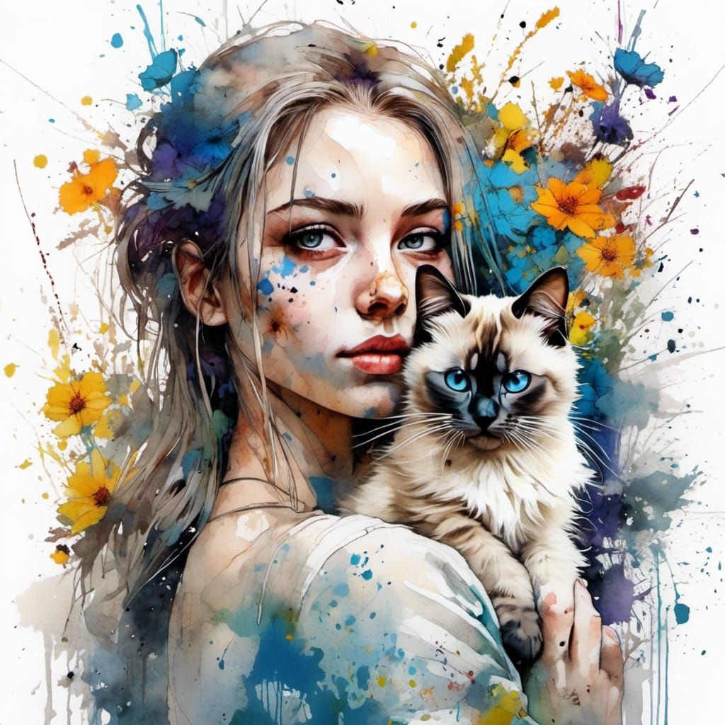 Watercolor Portrait of Woman with Siamese Cat
