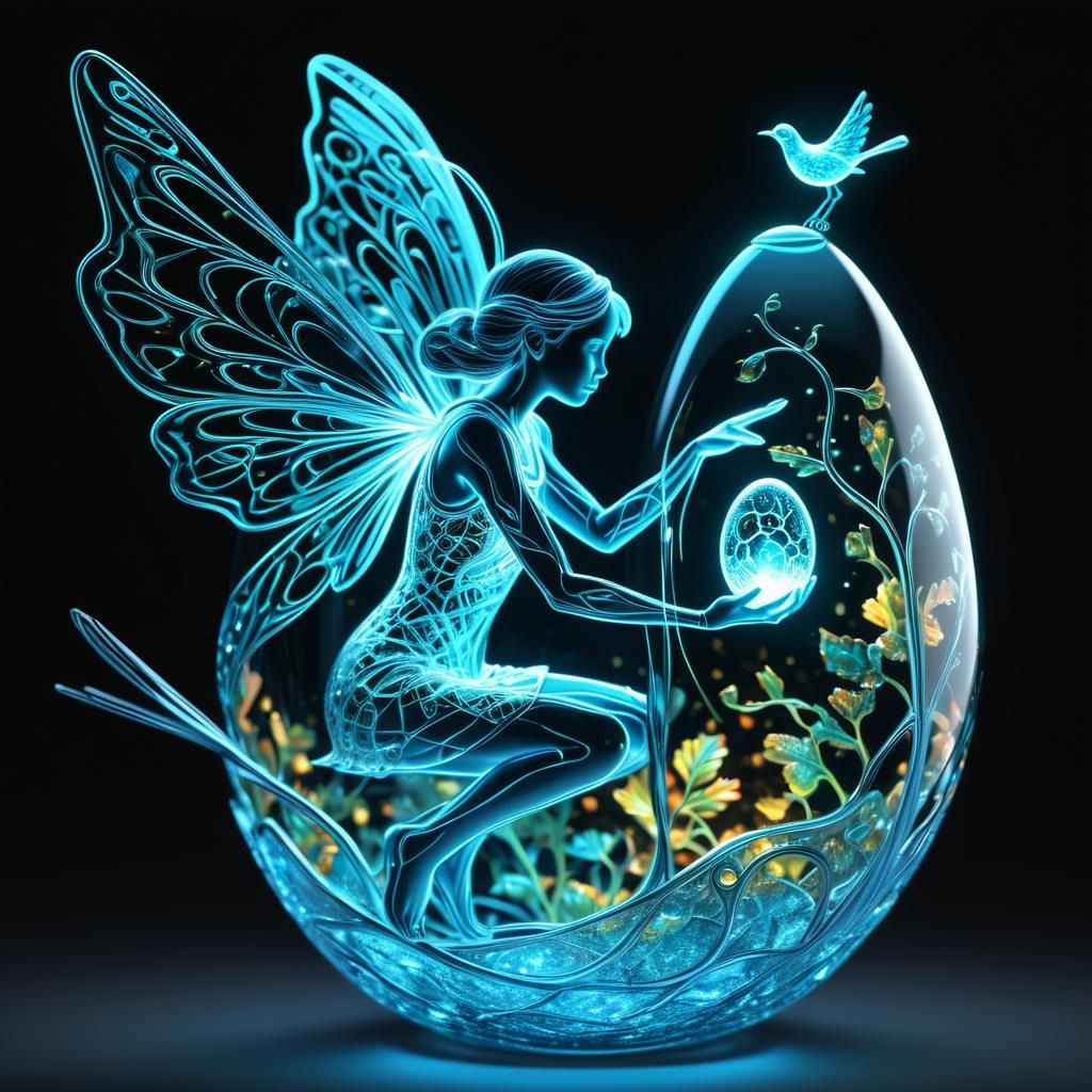 Glass Egg: Fairy Grows Bird, Photorealistic 64k
