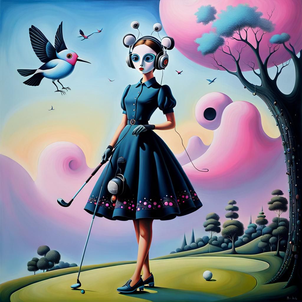 Surrealist Golfer with Headphones, Digital Art