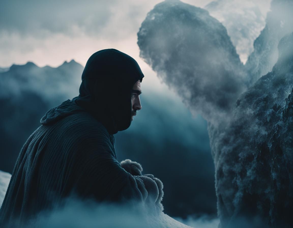 Cloaked Figure Gazing at Frozen Wilderness