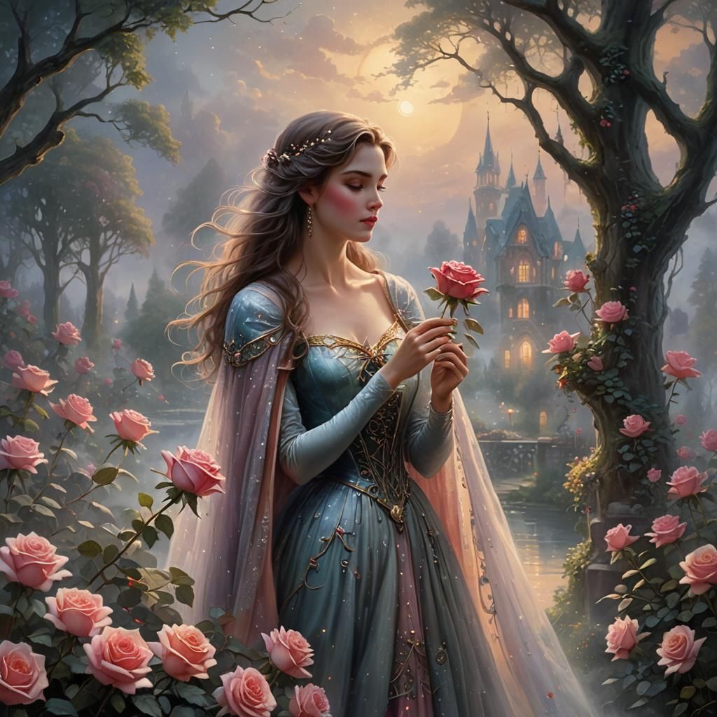 Ethereal Woman with Rose in Kinkade Style