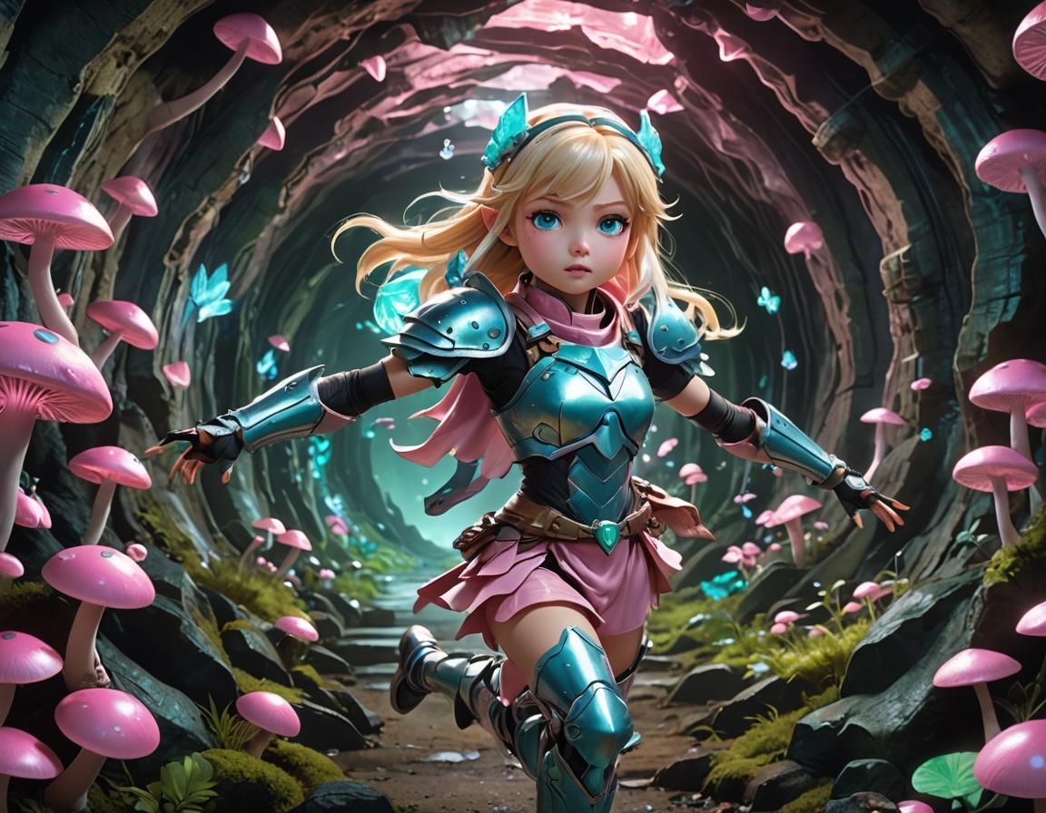 Anime Girl Warrior Flies Through Bioluminescent Cave