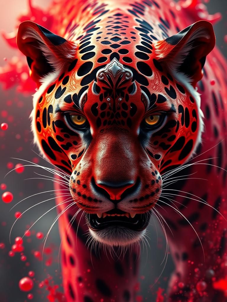 Ornate Red Jade Jaguar in Hyperrealistic Style